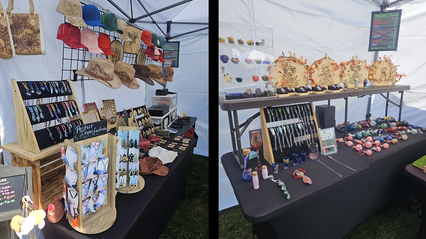 a couple photos of the 7 Glass Studio vending booth, various glass devices, wood burned hats, jewelry and other trinkets.